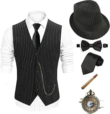 1920s Mens Costume Fedora HatGatsby Gangster VestVintage Pocket WatchPre Tied • $111.15