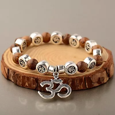 Natural Wood Beads Bracelets Meditation Prayer Silver Om Pendant Bracelets Gift • $6.99