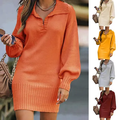 Womens Long Sleeve V Neck Sweater Dress Ladies Casual Baggy Jumper Mini Dresses • £23.27