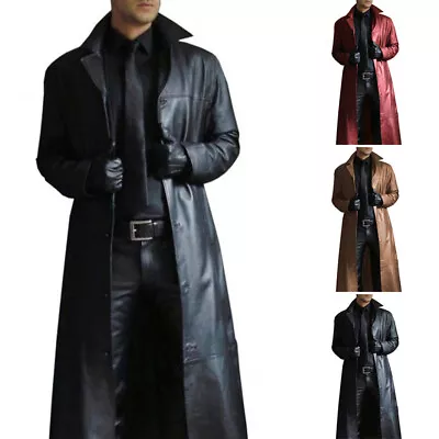 Mens PU Leather Punk Trench Coat Long Sleeve Motorcycle Biker Jacket Outwear NEW • $65.19