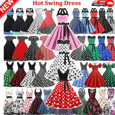 Hot Retro Women Polka Dot 60s Rockabilly Cocktail Party Swing Housewife Dress UK • £20.53