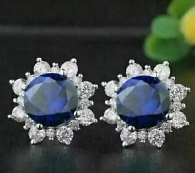 10k White Gold Finish 3CT Lab-created Sapphire Halo Push Back Stud Earrings • $53.13