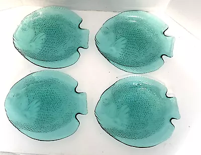 Arcoroc Aquamarine Blue Green Glass Fish Dinner Plates 10 Inches Set Of 4 • $34.99