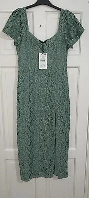 Zara Sea Green Floral Print Midi Cotton Blend Lace Dress With Front Vent Size L • $43.55