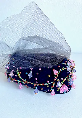 Vintage Black Veiled Velvet 1950s Womens Hat With Colorful Beads Union Made RARE • $45