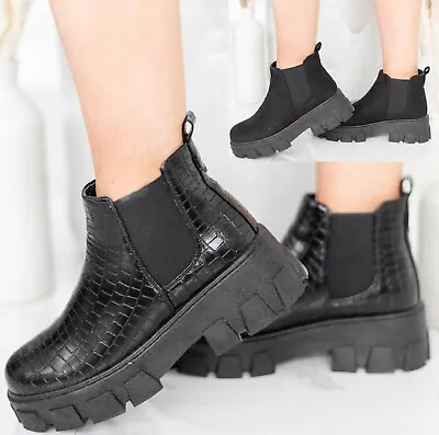 £9.99 • Buy Ladies Womens Flat Fashion Chunky Platform Sole Chelsea Slip On Ankle Boots Shoe