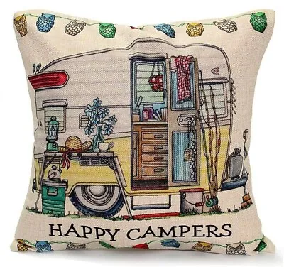 Happy Campers Tent Camper Van Caravan Cushion Cover Retro Vintage  17x17 Inch • £7