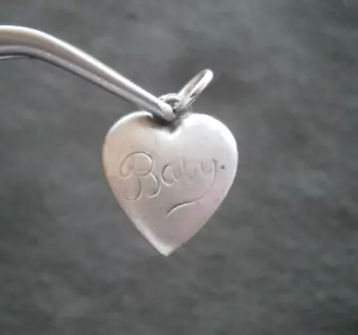 Small Heart Engraved Baby 1940s Vtg Puffy Sterling Silver Bracelet Charm Pendant • $12.50
