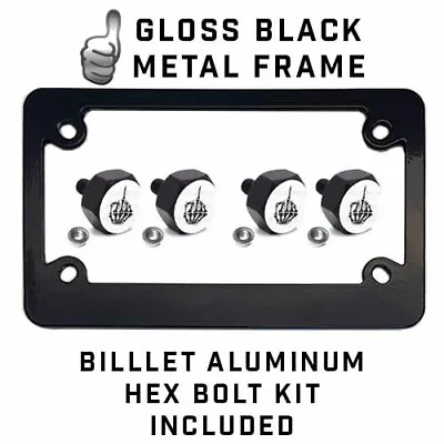 Black Metal License Plate Frame & Hex Tag Bolt Kit - SKULL FINGER FU WHITE BLK • $13.25