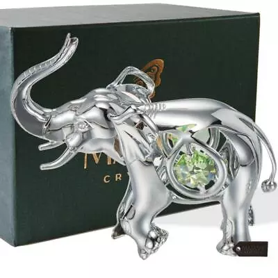 Chrome Plated Silver Elephant W/Open Mouth Ornament W/Mint Green-Clear-Cut Cryst • $22.99