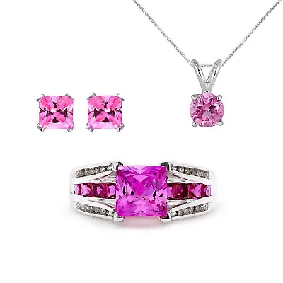 Simulated Gemstone Solitaire Pendant Earrings & Ring Set Sterling Silver • $170.51