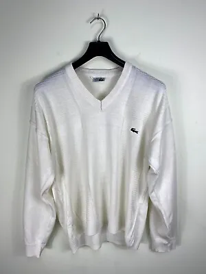 Vintage Lacoste V-Neck Knit Men White Pullover Sweater Size XL-XXL • $18