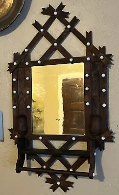 Antique TRAMP FOLK ART Wood Shaving Mirror Porcelain Tacks • $135