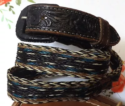 Vintage BELT Braided Horse Hair & Tooled Leather BELT Black Blue Men Women Sz 36 • $41