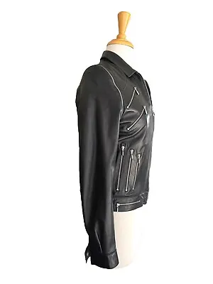 Vtg Versus VERSACE Moto Jacket Detachable Sleeves Zip Black Leather IT 42 US 6/M • $559