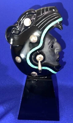 $324.99 • Buy Vintage Mayan Aztec Warrior Jaguar Head SCULPTURE/BUST Obsidian/Silver/Pearl ART