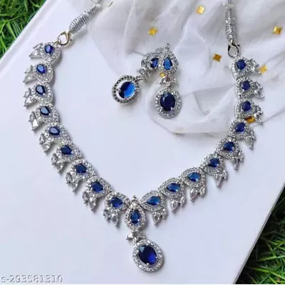 Indian Bollywood Silver Plated Ethnic AD CZ Jewelry Earrings Necklace Bridal Set • $34.09