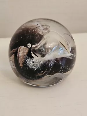 Caithness Scotland Mooncrystal Art Glass Gray Black Swirl Clear Paperweight • $35