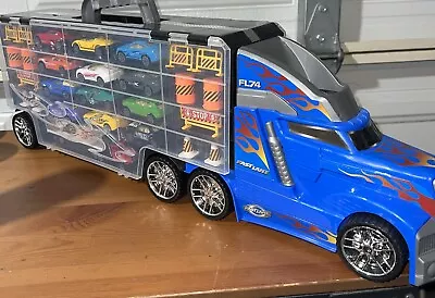 Fast Lane Car Hauler + 12 Cars Blue Semi Truck Carrying Case Hot Wheels Matchbox • $33