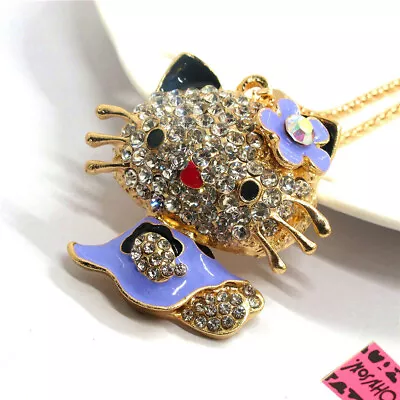New Fashion Women Purple Enamel Crystal Cute Cat Kitten Pendant Chain Necklace • $3.68