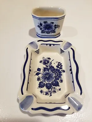 Vintage Delft  Porcelain Ashtray And Cigarette Holder Hand Painted Holland • $15