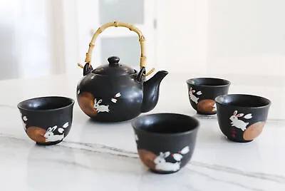 Eastern Folk Zen White Moon Rabbit Hare Black Ceramic Tea Pot With 4 Cups Set • $36.99