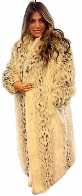 Monterey Fashions Faux Fur Coat Full Length Cream Snow Leopard Mob Wife Vintage • $125