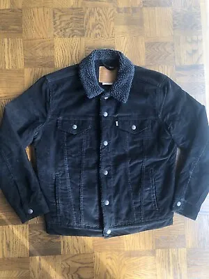 Levi's Premium Mens Cord Corduroy Sherpa Trucker Jacket Lined - Medium - Black • £35