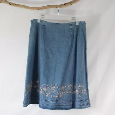 Christopher & Banks Knee Length Blue Jean Skirt Size 10 Embroidered Floral Denim • $12