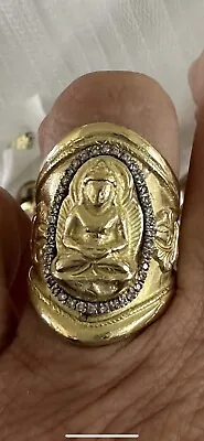 Antique Vtg Buddha 18k Gold 39 Diamond Guanyin Quan Kwan Yin Wide Band Ring Ooak • $3500