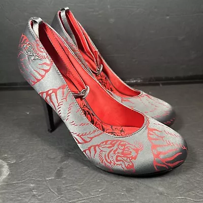 Ed Hardy Gyna Womens Grey Red Heels Pumps With Tiger Print Size 10 • $39.99