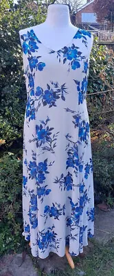 Designer Jacques Vert Stunning White Bold Blue Floral Floaty A-line Dress. UK 18 • £22.99