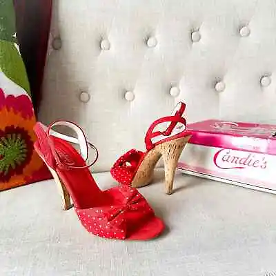 Vintage 70s Candie's Red Polka Dot Sexy Heels Pumps Sandals Size 7.5 • $55