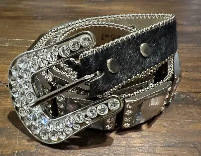 BB Simon   Black Cowhide Belt With Large Clear Swarovski Gorgeous!   32” • $150
