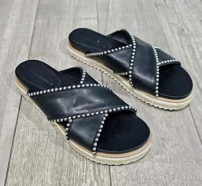 ZARA Women Black Silver Studded Cross Strap Flatform Slides Sandals 40/10 • $22.99