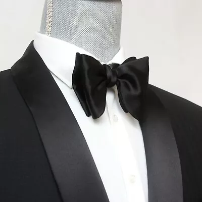 Men's Self-tied Bow Tie Black Charmeuse Silk Bow Tie Big Butterfly Bow Tie S013 • $59.95