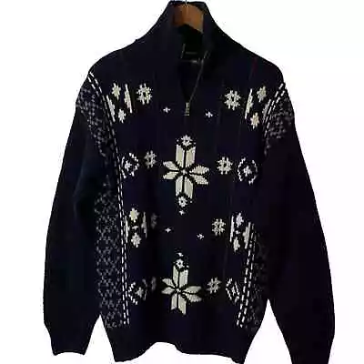 Nautica  Hand Knit Heavy Sweater Half Zip Snowflakes Holiday M Men's Navy Blue • $27