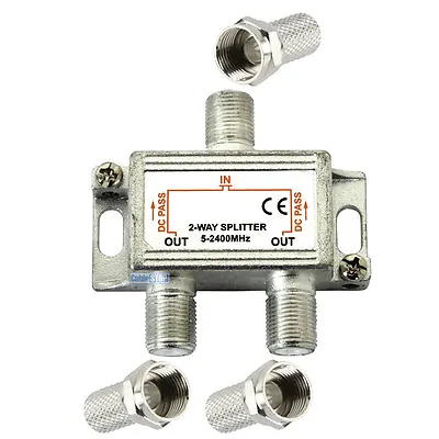 2 WAY DIGITAL TV 5-2400MHz AERIAL SAT FREEVIEW F PLUG COAX SIGNAL CABLE SPLITTER • £4.25