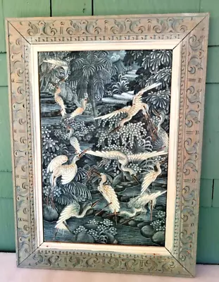 Vintage Bali Painting Herons Birds In Tropical Jungle Balinese Carved Wood Frame • $120