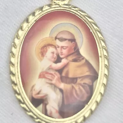 St. Anthony Baby Jesus Gold Tone Catholic Pendant Charm Vintage Christian Oval • $9.95