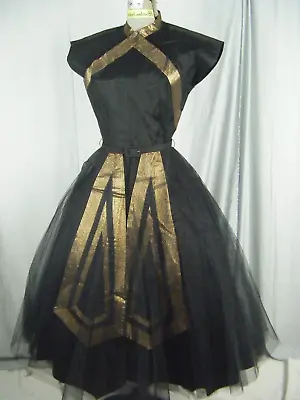 DARYL Vtg 50-60s Black Metallic Gold Cap Sleeve Full Tulle Dress-Bust 35/2XS-XS • $224.98