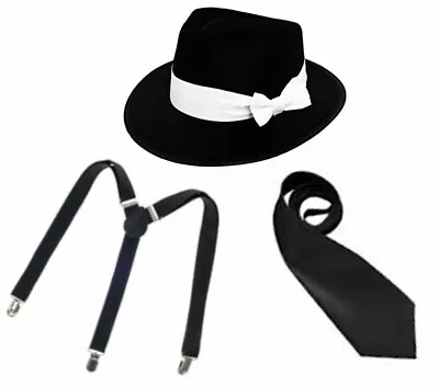 £8.95 • Buy Bugsy Malone Black Gangster Don Hat Tie Braces Suspenders Mafia Stag Fancy Dress