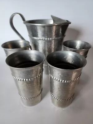 Vintage Pitcher Hammered Aluminum With Ice Lip With 4 Cups By GAILSYN Unique • $25