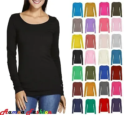 Womens Ladies Long Sleeve Stretch Plain Round Scoop Neck T Shirt Top Assorted • £5.99