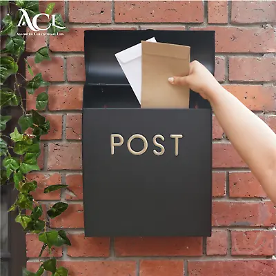 Post Box Black Wall Mounted Large Letter Mailbox With Flap Outdoor Letterbox • £24.99