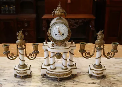 Late 19th Century White Marble & Bronze Mantel Garniture Clock Set Marti Et Cie • $1495