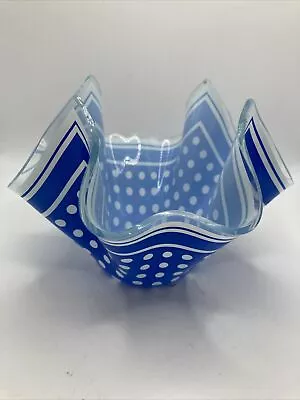 Vintage CHANCE Handkerchief Design Blue/white Glass Small Polka Dot Vase Bowl • £12