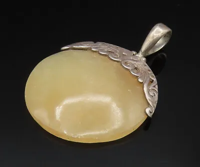 925 Sterling Silver -  Vintage Unique Yellow Jade Scroll Accent Pendant- PT20632 • $68.18