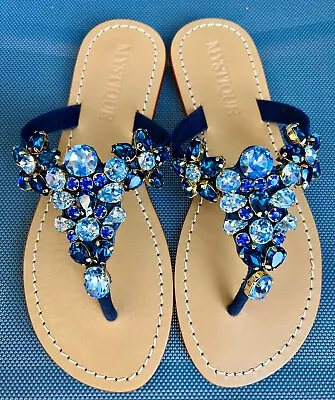 NIB MYSTIQUE Marbella Blue Sapphire Czech Crystals Sandals 7 $260 NEW Gorgeous! • $220