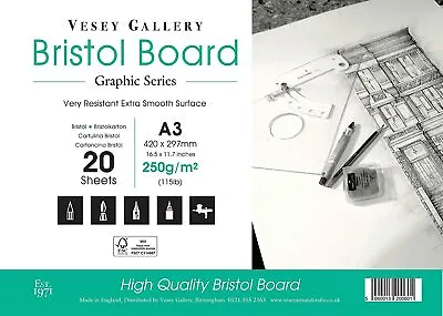 Bristol Board 250gms Flat White Card Pad. A4 To A2 Made In UK By Vesey Gallery • £13.38